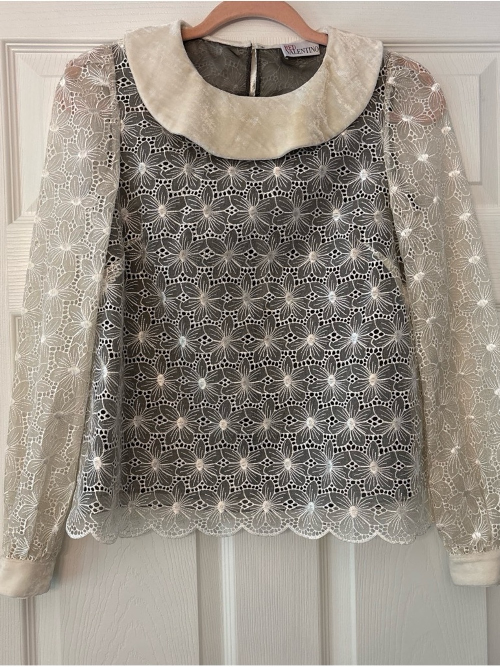 RED Valentino Cream Lace Floral Peter Collar Blouse